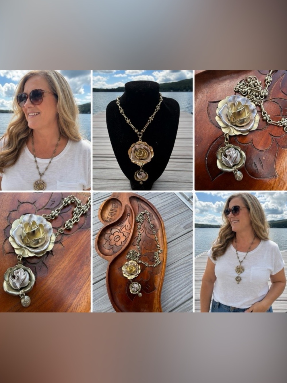 Vintage FLORENZA Brass 3D Rose Flower Drop Long Necklace Boho